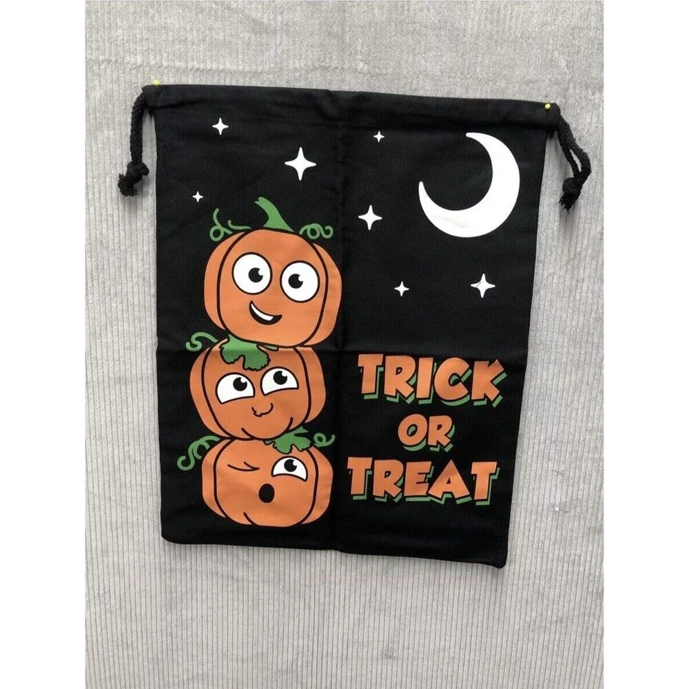 Trick or Treat Kids Drawstring Bag Black Orange Pumpkins Halloween Harvest